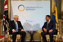 Foreign Secretary Boris Johnson meets with Prime Minister Volodymyr Groysman during the first conference. Foreign Secretary Boris Johnson meets with Prime Minister of Ukraine Volodymyr Groysman, 6 July 2017.jpg