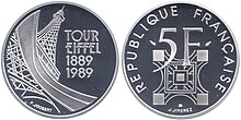 France, 1989 - 5 francs, Fifth Republic, 100 years of the Eiffel Tower, silver.jpg