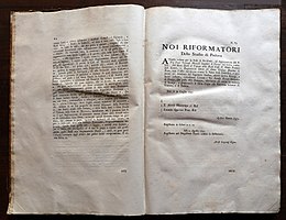 Imprimatur of the Riformatori dello studio di Padova, authorizing the publication of Dei Granduchi di Toscana della real Casa De' Medici in 1741 Giuseppe maria bianchini, Dei Granduchi di Toscana della real Casa De' Medici, per gio. battista recurti, venezia 1741, 07.jpg