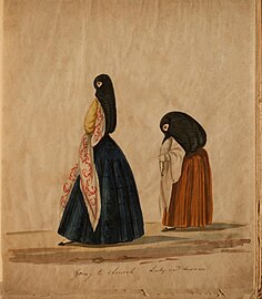 Pancho Fierro (es), artiste afro-péruvien (es), Going to church - Lady and duenna (« En allant à l'église - Dame et duègne », entre 1850 et 1860, Musée national des Beaux-Arts).