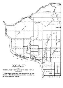 Map showing the "precinct" of Pleasant Valley and others, and the town ("congressional townships") boundaries in 1843 Grant County Wisconsin Civil Divisions 1843 Map.png