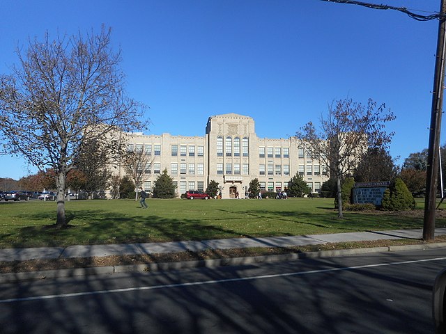 Greenport High School on NY 25 (Front Street).