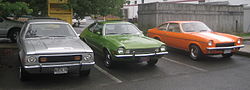 First-generation American sub compacts, left to right: AMC Gremlin, Ford Pinto, Chevrolet Vega Gremlin-Pinto-Vega in 2010.JPG
