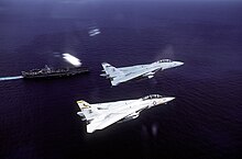 F-14 Tomcats from VF-142 overfly USS Dwight D. Eisenhower Grumman F-14A Tomcats of VF-142 fly over USS Dwight D. Eisenhower (CVN-69) off the coast of Virginia (USA), 10 November 1987 (6432385).jpg