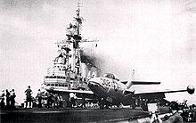 F9F-5 Panther of VF-83, 1953. Grumman F9F-5 Panther of VF-83 on catapult of USS Coral Sea (CVA-43), in 1953.jpg