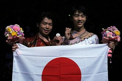 Yuzuru Hanyu (right) and Tatsuki Machida (left) at the 2014 World Championships
