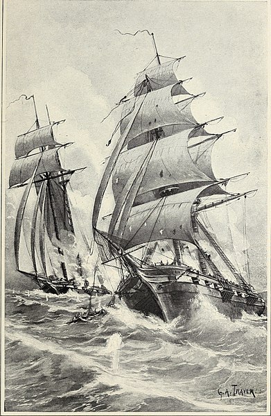 USS Enterprise (left) taking Flambeau (1902 Harper's illustration)