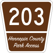 A brown flowerpot trapezoid with white text "203" inside, and small cursive white text "Hennepin County Park Access" below the numeral