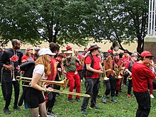 Good Trouble Brass Band from Somerville, Massachusetts performing at the Somerville 2023 HONK! Honk 2023 5.jpg