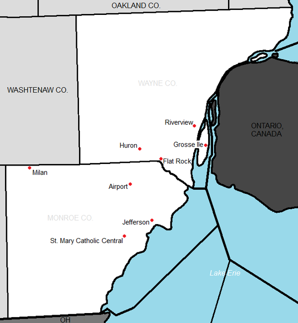 Locations of the members of the Huron League. HuronLeagueMImap.png