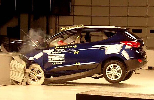 A 2010 Hyundai Tucson used for a crash test by the National Highway Traffic Safety Administration