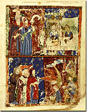 Jeugd van Mozes.  Kauffmann Haggadah, 14e eeuw