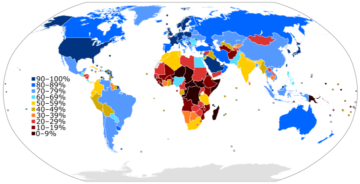 Internet users in 2015 as a percentage of a country's populationSource: International Telecommunication Union.[103]