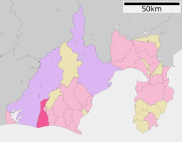 Iwatas läge i Shizuoka prefekturStäder:      Signifikanta städer      Övriga städerLandskommuner:      Köpingar      Byar