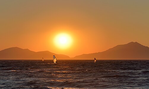 Sunset at Marmari, Island Kos, in backgreound the Island Kalymnos