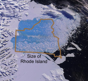 Imagen satelital del colapso de la barrera de hielo Larsen comparada con el tamaño de Rhode Island