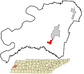 Lauderdale County Tennessee začleněné a neregistrované oblasti Henning zvýraznil.svg