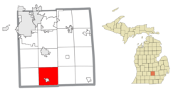 萊斯利鎮區在英厄姆縣及密西根州的位置（以紅色標示）