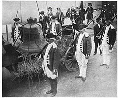 The Liberty Bell is paraded through the streets of Philadelphia in 1908, in a recreation of its 1777 journey to Allentown. Libbell1908.jpeg