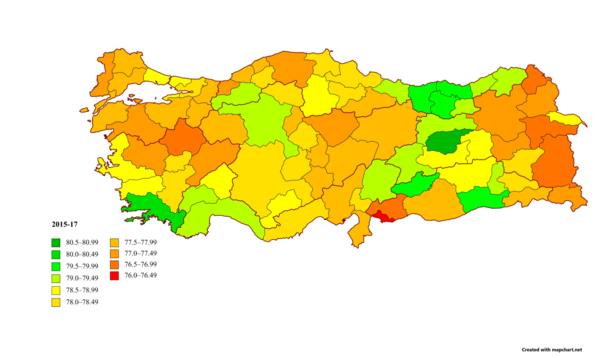 Провинции (илы) Турции по ожидаемой продолжительности жизни на 2015-2017 и 2018-2020 годы[1] 