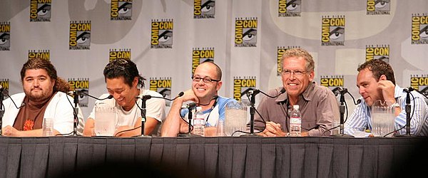 From left to right: actors Jorge Garcia and Daniel Dae Kim with executive producers Damon Lindelof, Carlton Cuse and Bryan Burk