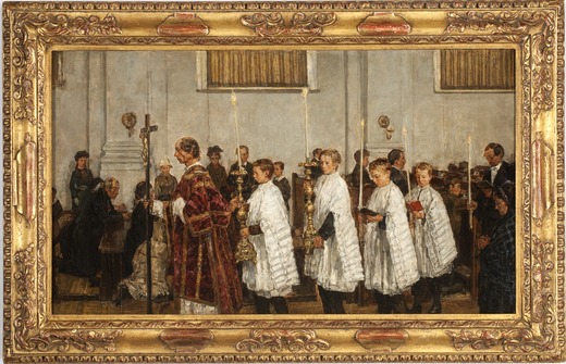 Liturgische processie in de oud-katholieke kerk in Den Haag, waarschijnlijk met priester Cornelius Henricus van Vlooten. Isaac Israels (1880 of 1881), Museum Catharijneconvent