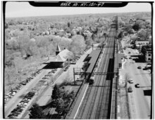 Aerial view of the station in 1979 Mamaroneck Station. Mamaroneck, Westchester Co., NY. Sec. 9108, MP 20.50. - Northeast Railroad Corridor, Amtrak Route between New Jersey-New York and New York-Connecticut State HAER NY,31-NEYO,167-47.tif