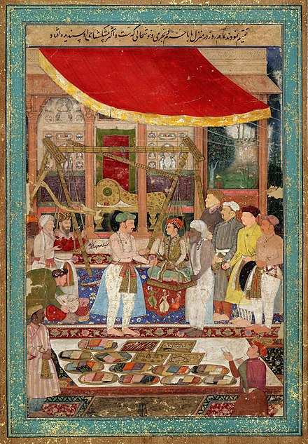 Emperor Jahangir weighs Prince Khurram by Manohar Das, 1610–15, from Jahangir's own copy of the Tuzk-e-Jahangiri. The names of the main figures are noted on their clothes, and the artist shown at bottom. British Museum