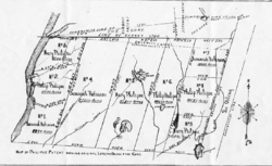 Map of the Philipse Patent (largely today's Putnam County, New York) showing three gores resulting from conflicting surveys:
1) a triangular gore (upper center left) along the border between the Rombout Patent and the Philipse Patent, labeled "The Gore";
2) a quadrilinear gore in the upper right created by the boundaries of the Beekman Patent, Rombout Patent, The Oblong, and the Survey Line of 1754, labeled "The Gore"; and
3) an unlabeled triangular gore originating at the Hudson River and spanning the Philipse Patent's northern border, created by the Survey Line of 1754, The Oblong, and the East-West Line ("Supposed County Line") as a base Map of Philipse Patent (showing the Oblong and Gore).png