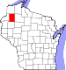 Harta statului Wisconsin indicând comitatul Washburn