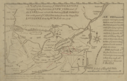 Mapa země pěti národů patřící do provincie New York a jezer, v jejichž blízkosti žijí národy dalekých indiánů s částí Kanady převzato z mapy Louisiany done 1730.png