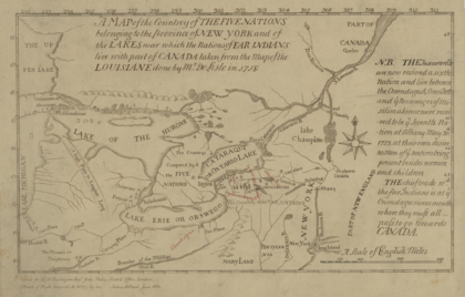 As cinco nações que faziam parte da Confederação em um mapa da Luisiana feito por volta de 1730.
