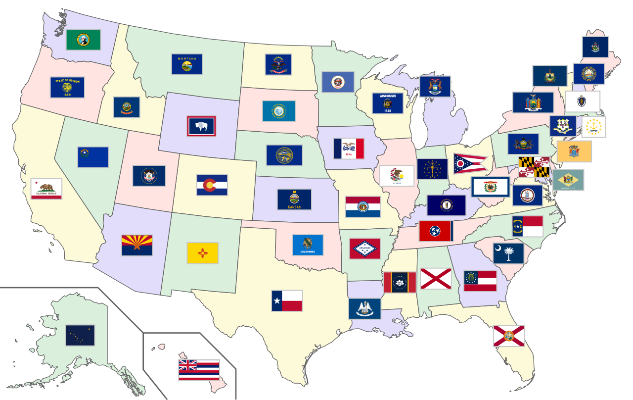 Map of the USofA with state flags on top of each state