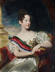 Queen Maria II of Portugal, eldest daughter of Pedro I of Brazil and sister of Pedro II, wearing the Grand Cross of the Imperial Order of the Cross and other orders. Maria II Portugal 1829.jpg