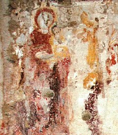 Worn out painting from the central hall on the upper floor, showing Virgin Mary and the Christ Child. The latter is reaching out towards a date tree. Mary, Christ Child and date tree (Old Dongola).jpg