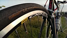 Mavic CXP Elite road bicycle rim clad with Continental tyre