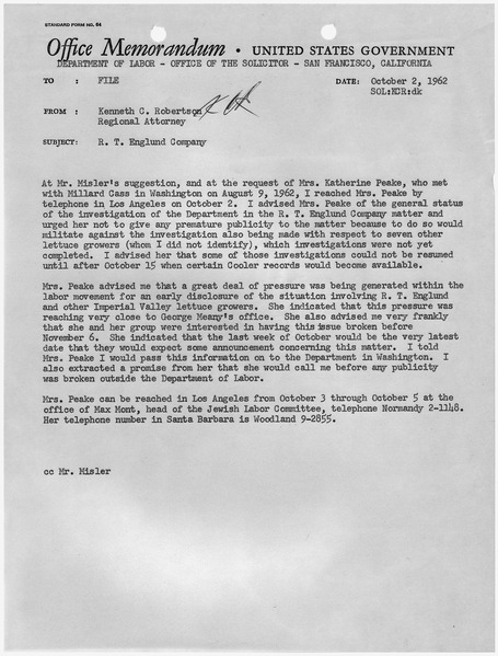 File:Memorandum to file from Kenneth C. Robertson, Regional Attorney, San Francisco, re. R.T. Englund Company. - NARA - 296737.tif