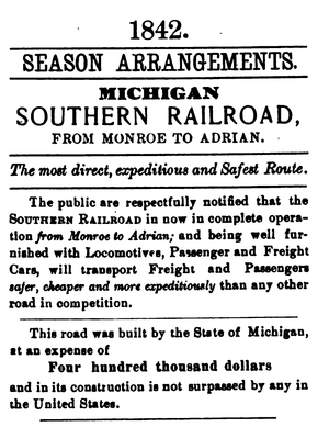 Announcement from 1842 concerning the "Southern" line, which then traveled no further west than Adrian. See here for the entire announcement. Michigan southern line cropped.png