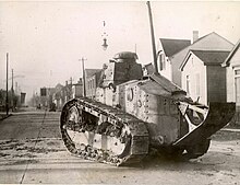 Militia tank in Newport on Brighton St. during steel strike, 1922 Militia Tank in Newport Kentucky.jpg