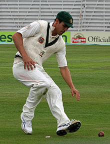 Johnson fields in a tour match against Northamptonshire during the 2009 Ashes series. Mitchell Johnson 2009, fielding.jpg