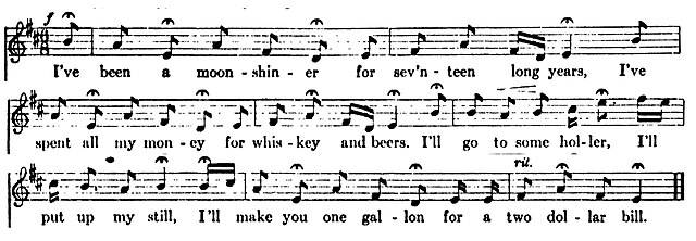 The picture shows three lines of music and lyrics to the song known as "The Moonshiner".