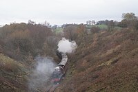 Churnet Valley Railway train on the branch line near Bradnop on the first weekend of running over the line in 2010 Moorland and City Railway - 2010-11-14.jpg