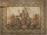 Epiphany of Dionysus mosaic, from the Villa of Dionysus (2nd century AD) in Dion, Greece. Now in the Archeological Museum of Dion.