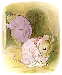 Beatrix Potter's illustration of Mrs. Tittlemouse wiping Mr. Jackson's wet footmarks off the floor Mrs Tittlemouse Mr Jackson.jpg