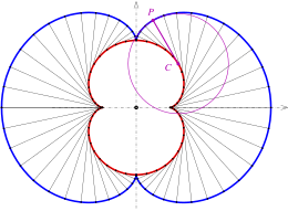 The evolute of the large nephroid (blue) is the small nephroid (red). Nephroide-evolute-e.svg