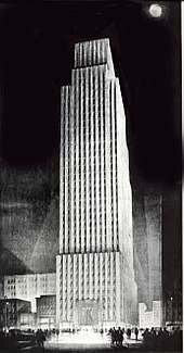 Daily News Building, John Mead Howells and Raymond Hood, architects, rendering by Hugh Ferriss. The building housed the paper until the mid-1990s. New York Daily News building 1930.jpg