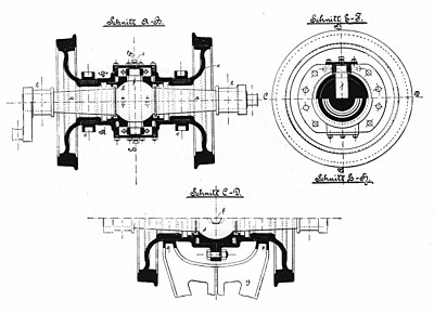 Locomotives with coupled hollow axles with radial and lateral movement (Klien-Lindner design) O&K catalogue Ndeg 800, page 48, O&K Klien-Lindner Locomotives. Drawings (cropped). O&K Lokomotiven mit lenkbaren Kuppelachsen (Hohlachsen) mit Radial- und Seitenbewegung (Bauart Klien-Lindner).jpg