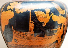 Одиссей, привязанный к мачте, чтобы не поддаться пению сирен. Фрагмент краснофигурной вазы, 480—470 годы до н. э.