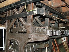 View of the frame in the locking room showing how it is installed within the signal box. Oulton Broad Swing Bridge signal box, Lowestoft, UK