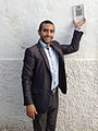 Oussama Larhmich with a trial GibraltarpediA plaque in Morocco, we want to use QRpedia and multilingual en:NFC